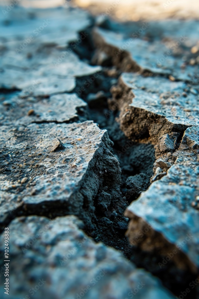 Poster a close-up view of a crack in the ground. this image can be used to represent natural disasters, geo