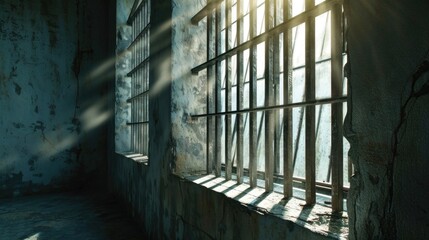 Sunlight streams through a barred window in a deserted building. This image can be used to depict themes of isolation, confinement, and hope