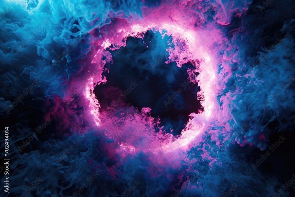 Poster a close up view of a mesmerizing blue and pink smoke ring. this unique image can be used for various