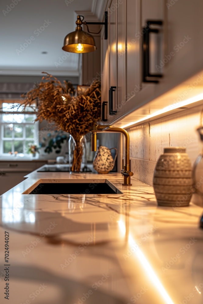 Poster A simple yet elegant kitchen counter with a beautiful vase of flowers. Perfect for adding a touch of freshness and color to any kitchen space