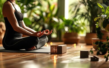 Young woman practicing yoga at home, sitting in lotus position.