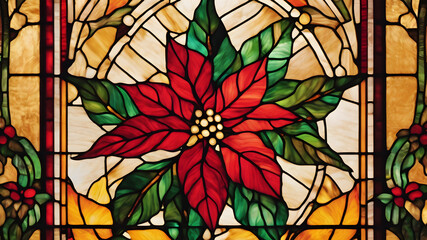stained glass window with poinsettias