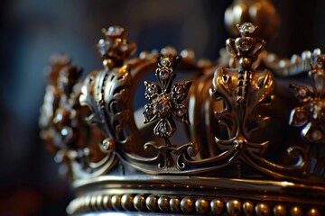 A gold crown resting on a table. Suitable for royalty, monarchy, or luxury-themed designs