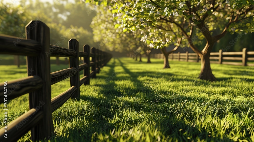Aufkleber A picture of a fence in a grassy field with trees in the background. Suitable for nature and landscape themes