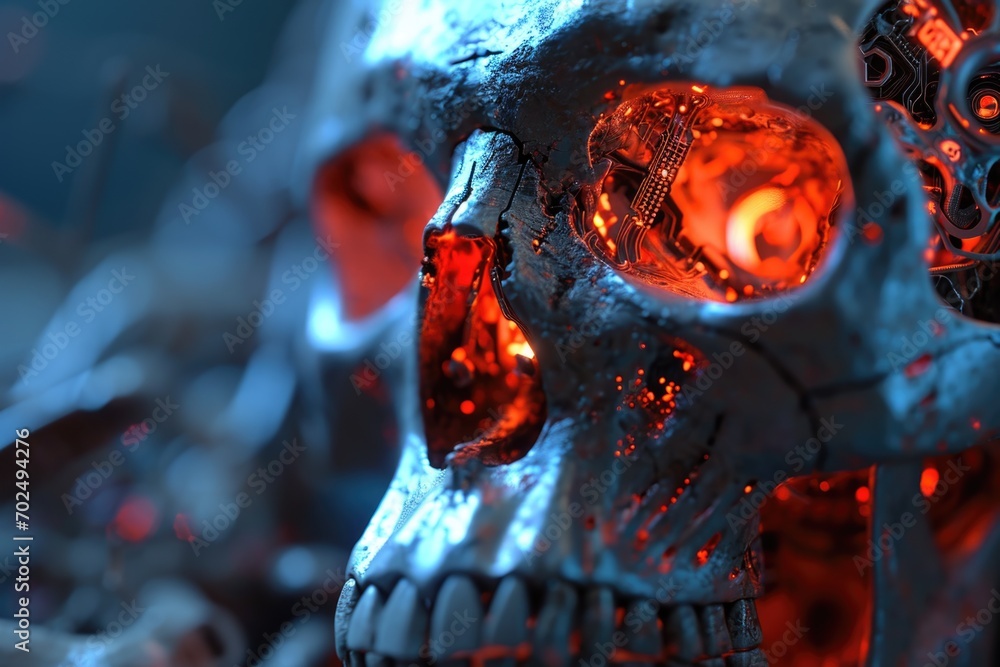 Poster a close-up view of a skull with eerie glowing eyes. this image can be used to add a spooky and myste