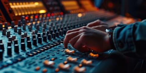 Close up of a person's hand on a sound board. Suitable for music production, recording, and sound engineering projects