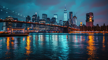 Fototapeta na wymiar Picturesque view of New York city with colorful illuminated skyscrapers and city buildings with bridges over river at night time