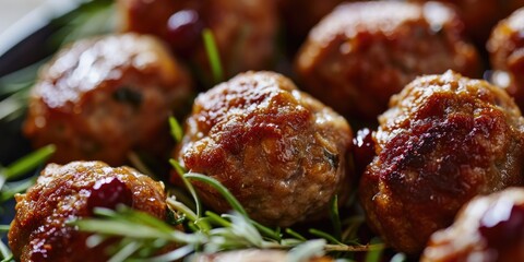 A plate of meatballs covered in sauce and garnished with rosemary. Perfect for Italian cuisine or comfort food recipes
