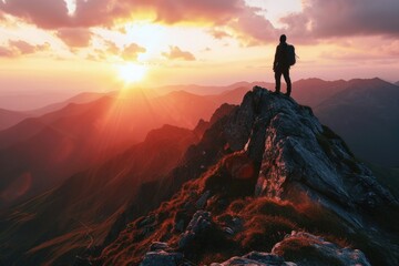 Fototapeta premium A person standing on top of a mountain, enjoying the breathtaking sunset. Perfect for travel and adventure themes