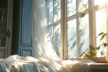 wind blows through the open window in the room. Waving white tulle near the window. Morning sun lighting the room, shadow background overlays. generative ai.