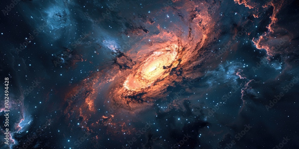 Poster a stunning image of a large spiral galaxy with stars in the background. perfect for astronomy enthus
