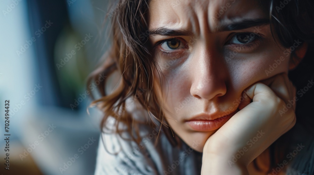 Poster Person in close-up with hand resting on chin. Versatile image suitable for various concepts and themes