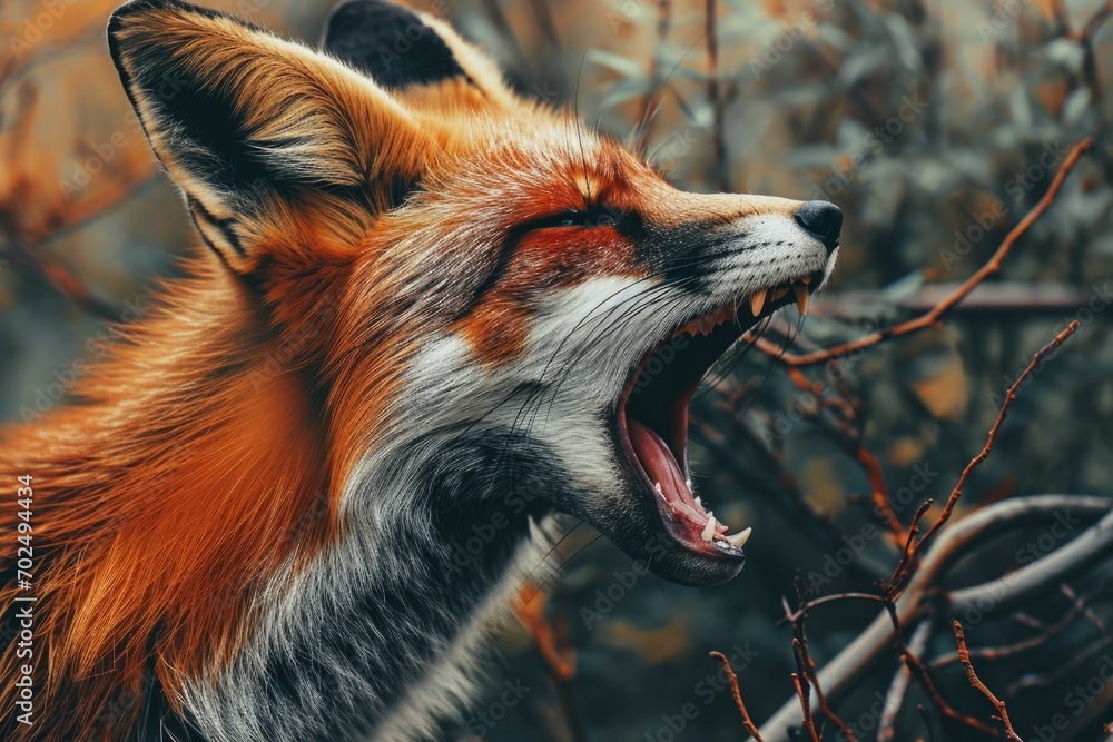 Poster a close-up image of a red fox with its mouth open.