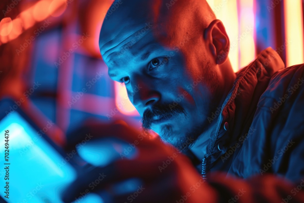 Poster a bald man is seen looking at a tablet computer. this image can be used to depict technology, online