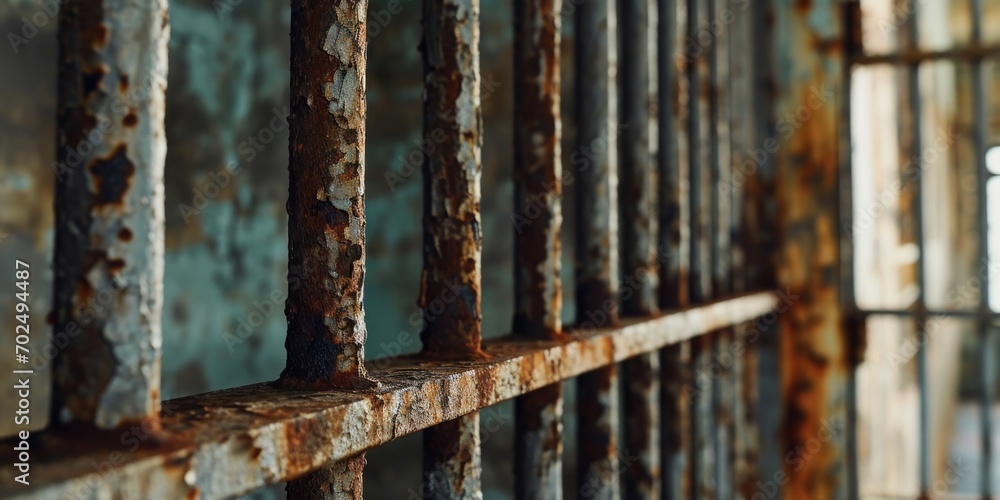 Poster a photograph of a rusted iron fence in an abandoned building. this image can be used to depict decay