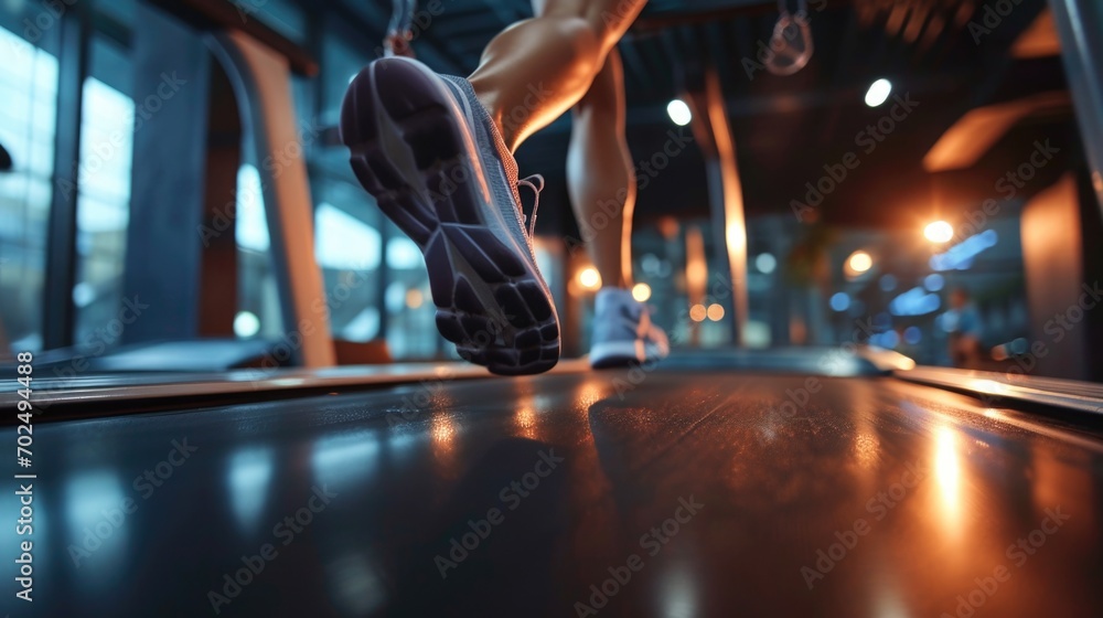 Poster A close up shot of a person running on a treadmill. Suitable for fitness and exercise concepts