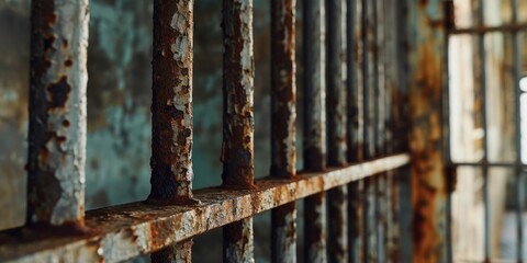 A photograph of a rusted iron fence in an abandoned building. This image can be used to depict decay, abandonment, or urban exploration