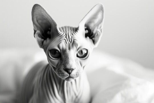 A striking black and white photo of a sphyx cat. Perfect for cat lovers and those seeking unique and eye-catching imagery for their projects