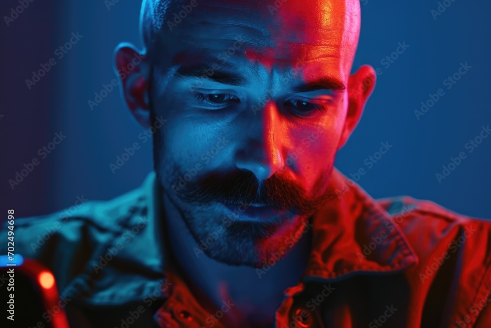 Poster a man is seen looking at his cell phone in a dark room. this image can be used to depict technology 