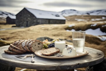 The essence of Icelandic cuisine captured in a simple breakfast setting featuring Surmjolk and homemade rye bread with a snowy backdrop - obrazy, fototapety, plakaty