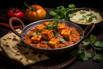 A feast for the senses: Traditional Indian paneer meal with naan bread and a side of spicy vegetable curry