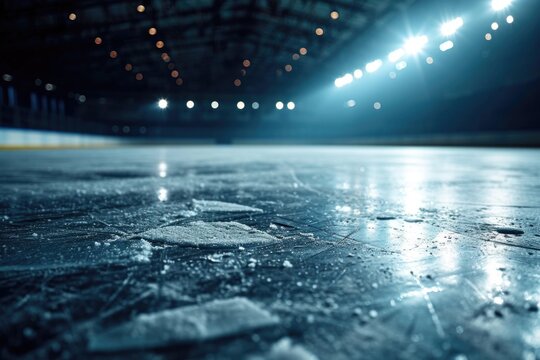 An image of a hockey rink covered in a thick layer of ice. This picture can be used to depict extreme weather conditions or the winter season