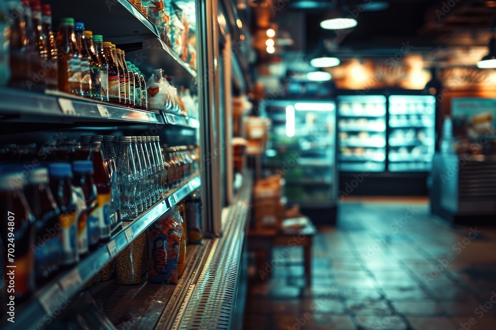 Poster A store filled with a variety of bottles of drinks. This image can be used to showcase a wide selection of beverages or to illustrate a beverage store.