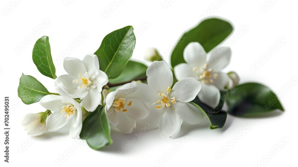 Poster a beautiful bunch of white flowers with vibrant green leaves. perfect for adding a touch of elegance