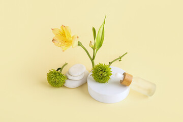 Composition with bottle of essential oil, plaster podium and beautiful flowers on beige background