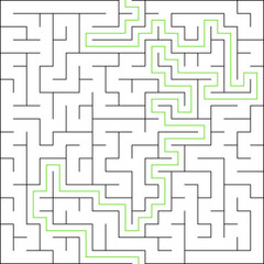 Education logic game labyrinth for kids. Find right way. Isolated simple square maze black line on white background. With the solution. Vector illustration.