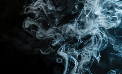 White smoke on black background.  illuminated incense. Dark backdrop, graphic resource for montage, overlay or texture
