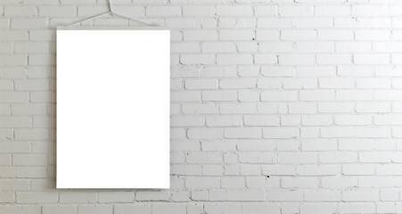 Blank white poster hanging on white brick wall. transparent template frame mock-up with shadow, png. Empty frame. Poster layout.