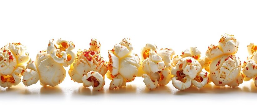White background with isolated row of popcorn flavored with spicy pepper.