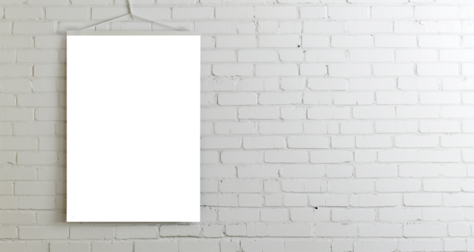 Blank white poster hanging on white brick wall. transparent template frame mock-up with shadow, png. Empty frame. Poster layout.