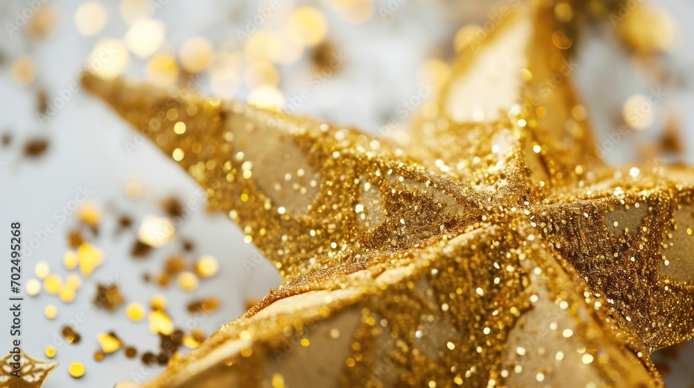 Poster A detailed close-up view of a gold star decoration. This versatile image can be used in various contexts