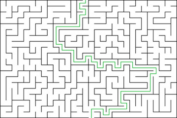 Education logic game labyrinth for kids. Find right way. Isolated simple square maze black line on white background. With the solution. Vector illustration.
