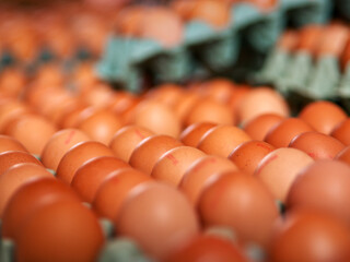 Eggs for sale close-up in street market stall. High quality photo