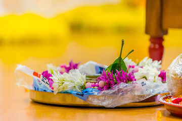Obraz na płótnie Canvas Indian Hindu wedding pooja ceremony ritual items close up