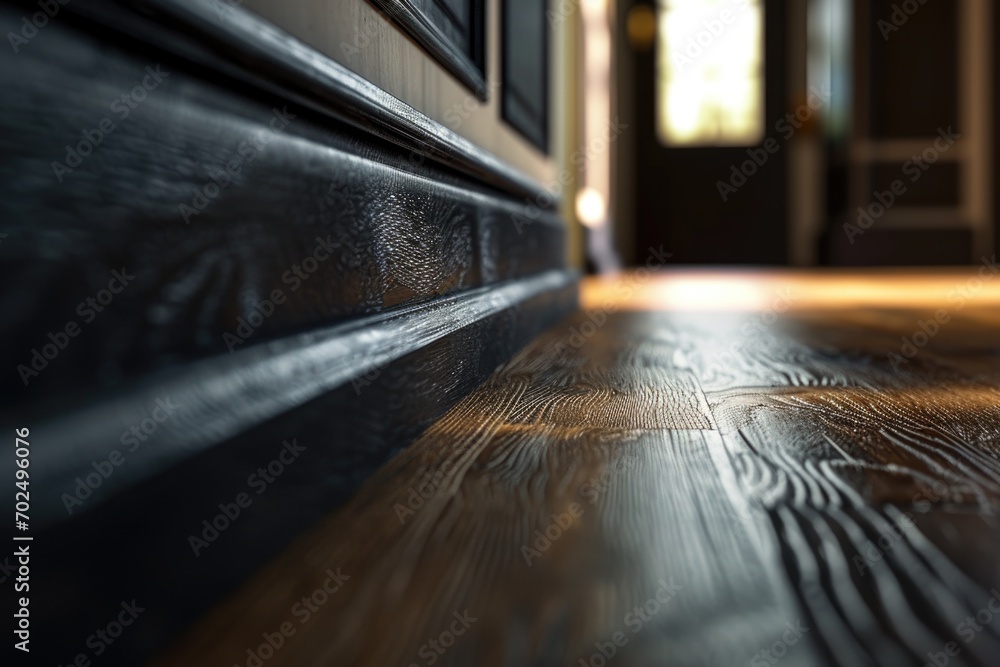 Poster close up view of a wood floor with a door in the background. suitable for interior design or home im
