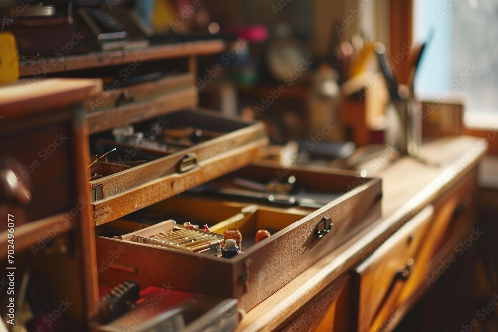 Poster a desk with a drawer full of tools. perfect for diy projects and home repairs