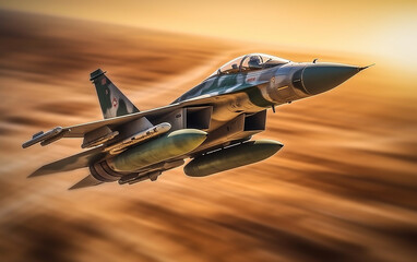 Fighter plane flying fast on sky