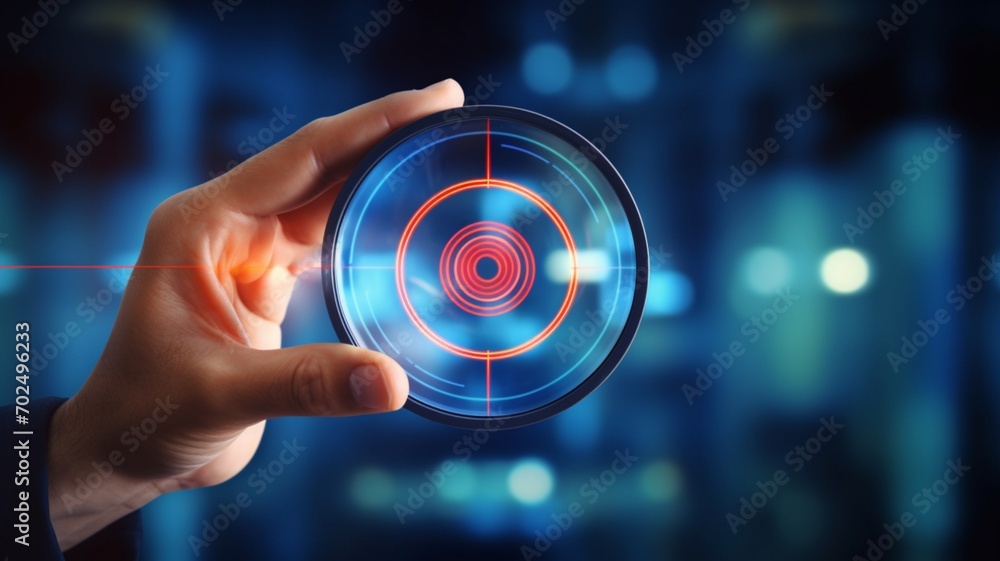 Poster hand-holding magnifier glass with a target icon for focus customer target of customer relation manag