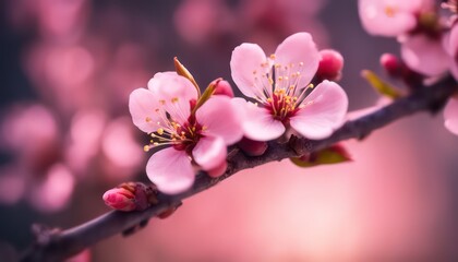 Fototapeta na wymiar Blossoming pink cherry flowers in soft light