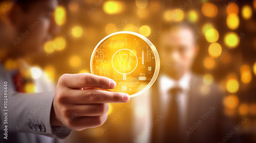 Poster hand-holding magnifier glass with a security icon for focus customer target of customer relation man