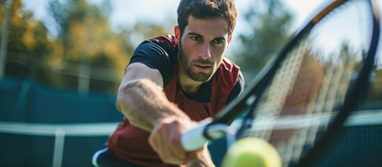Male tennis player focused, practicing for competition on a court. - obrazy, fototapety, plakaty
