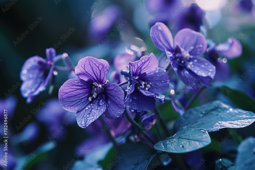 Poster a stunning image of a bunch of purple flowers with glistening water droplets. perfect for adding a t