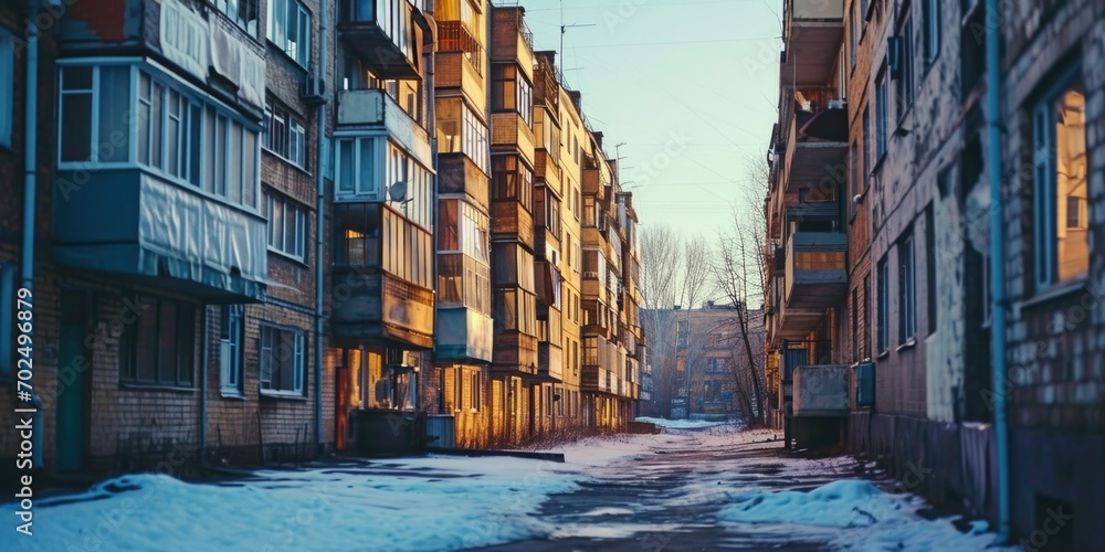 Poster A picture of a narrow street covered in snow. This image can be used to depict a winter scene or a snowy urban landscape