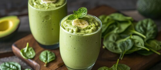 Fresh avocados, spinach, banana, and non-dairy milk combine to create an avocado smoothie.