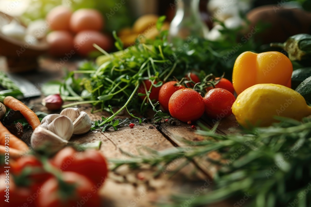 Poster A variety of different types of vegetables are displayed on a table. This image can be used for food and nutrition-related content