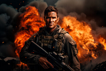 An image depicts a resilient soldier, armed and enduring the ravages of apocalyptic warfare, navigating through a landscape marred by explosions and chaos.